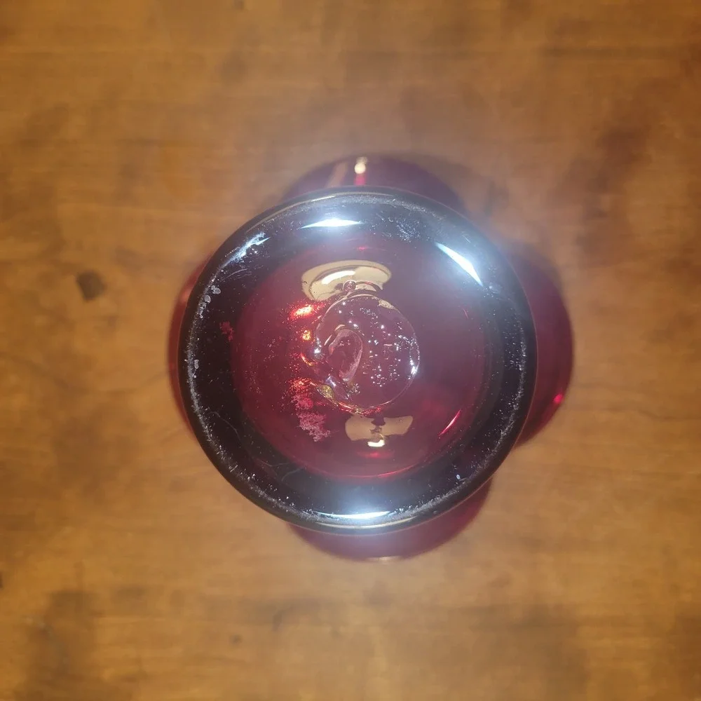 Vintage Bischoff Red Vase,‎ Hand Blown Dimpled Vase with Folded Rim